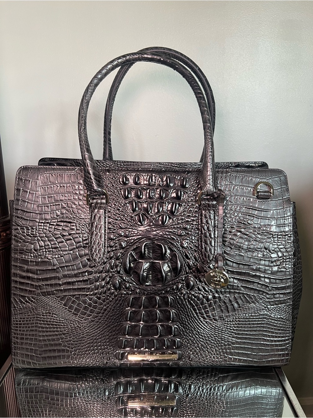 BRAHMIN | Charcoal Finley Carryall Croc-Embossed Satchel NWT